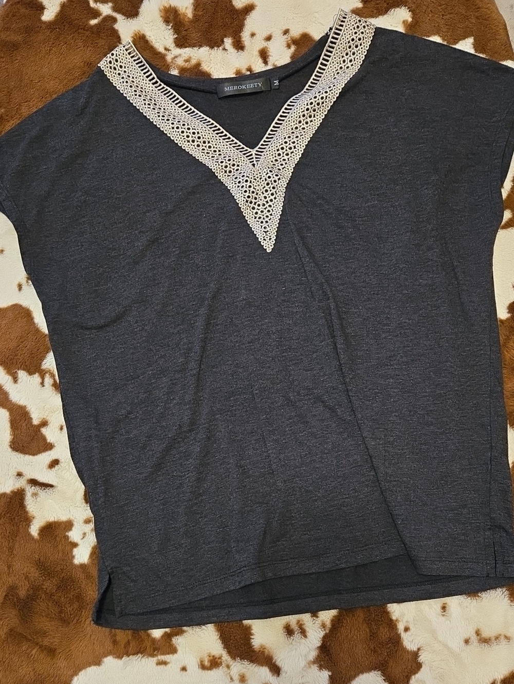Merokiety Black Tee with Cream Crochet V-Neck